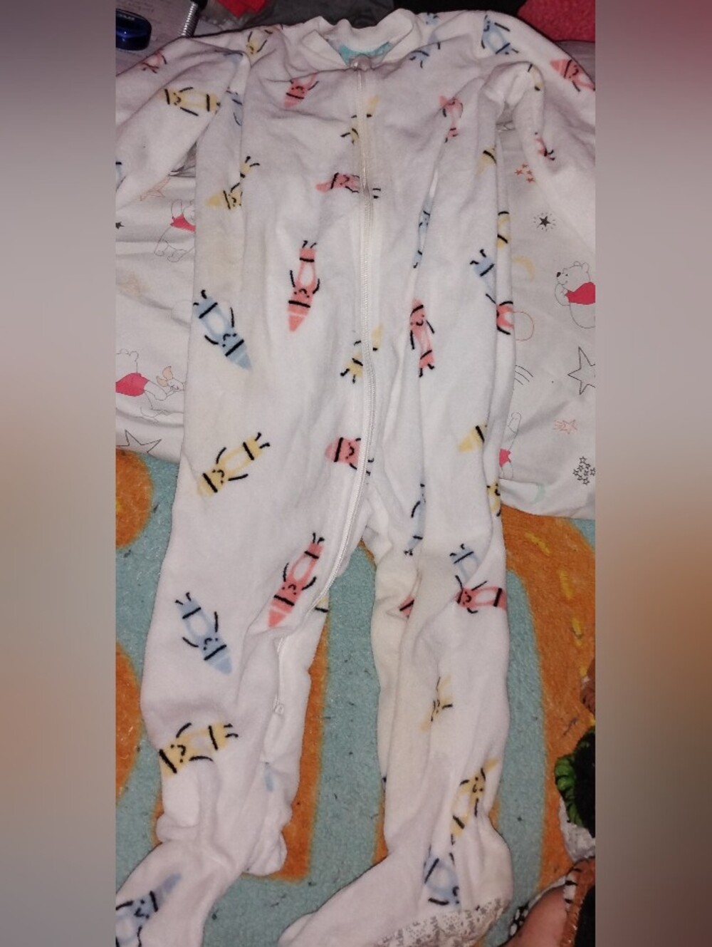 Baby/Infant Pekkle White Fleece Footie One-Piece Pajamas with Crayon Print